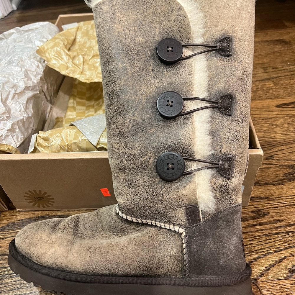 UGG Brown and Cream Tall Boots with Button Detail